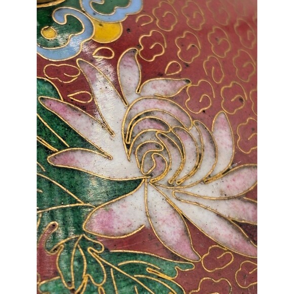 Vintage Chinese Cloisonné Enamel on Bronze Lidded Bowl Trinket Dish Floral Teal - Picture 13 of 16